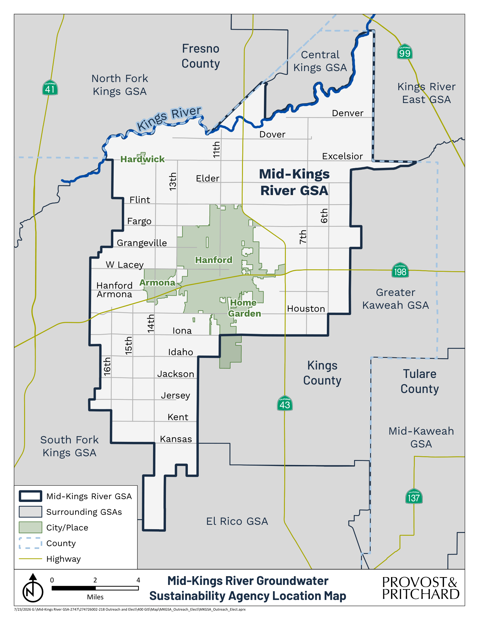 Location map of the Mid-Kings River GSA boundary in Kings County, showing the communities of Hanford, Armona, Home Garden, and Hardwick inside the boundary, the Kings River to the north, surrounding GSAs, county lines, and highways. Prepared by Provost & Pritchard.