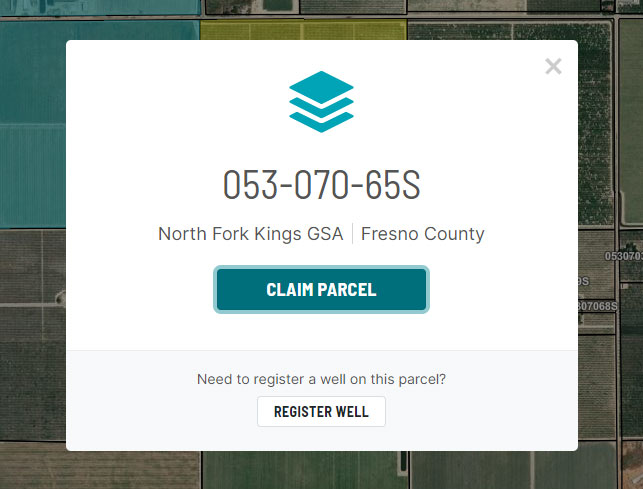 Watermark parcel-claiming interface showing a map with GSA boundaries and parcel outlines